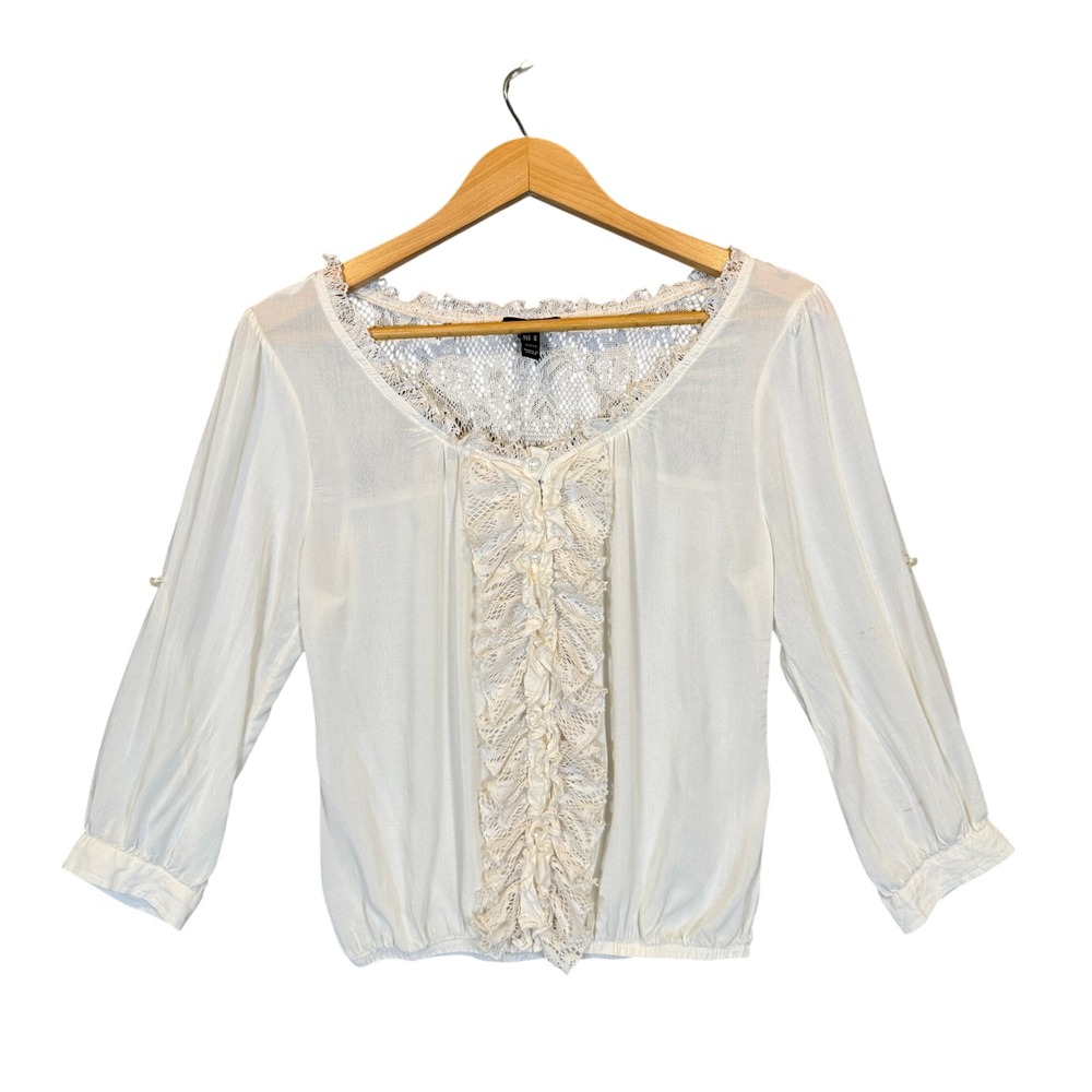 Fang Lace Ruffle Blouse Womens Medium Ivory White Gauzy Boho Coquette Top